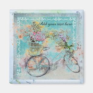 青いバーラップに花かごを付けた自転車 マグネット
