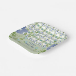 青いパターンとフローラ ペーパープレート