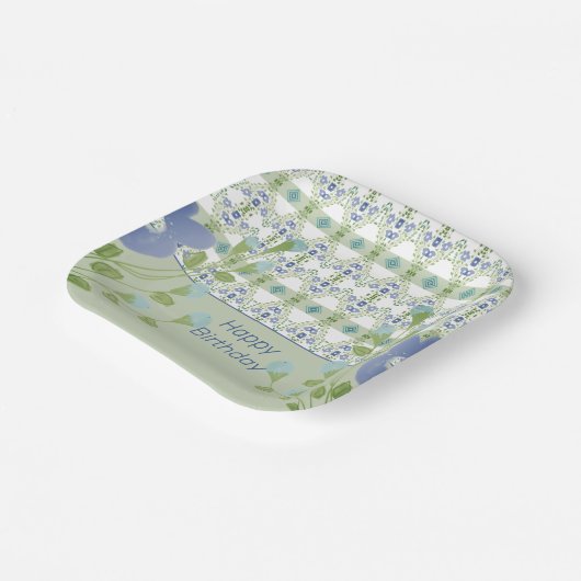 青いパターンとフローラ ペーパープレート (傾斜あり)