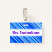 青いパターンのストライプ + カスタムな先生の名前 バッジ (裏面クリップ)