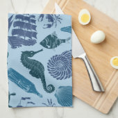 青いパターンの航海のな陰 キッチンタオル (四つ折り)