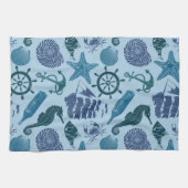 青いパターンの航海のな陰 キッチンタオル (横)