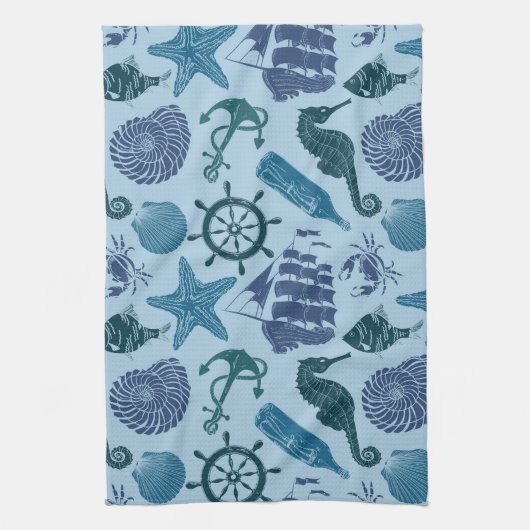 青いパターンの航海のな陰 キッチンタオル (縦)