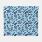 青いパターンの航海のな陰 フリースブランケット (正面(横))