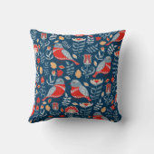 青いパターンの赤い北欧鳥 クッション (裏面)