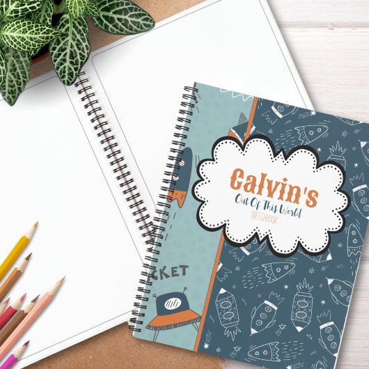 青いパターン名のスケッチ宇宙にドードルロケット ノートブック