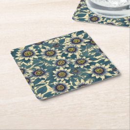 青いパッションフラワーパターン スクエアペーパーコースター