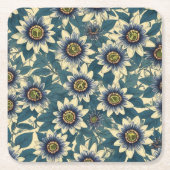 青いパッションフラワーパターン スクエアペーパーコースター (正面)