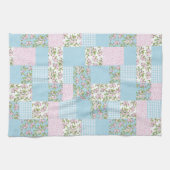 青いパッチワークにピンクのリンゴフェイクの花 キッチンタオル (横)