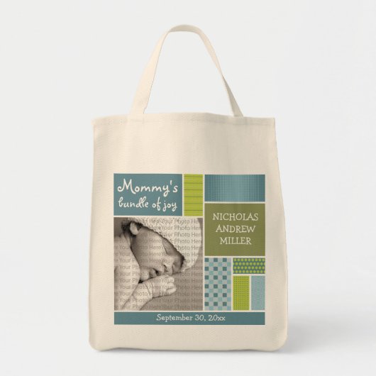 青いパッチワークのカスタムな写真のおむつかお母さんのバッグ トートバッグ (正面)