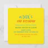 青いパッチワークパターン正方形ボーイフォト誕生日 招待状 (裏面)