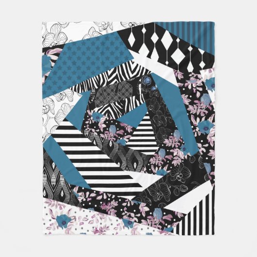 青いパッチワーク人気がある,パッチワーク,フォーク,素朴, フリースブランケット (正面)