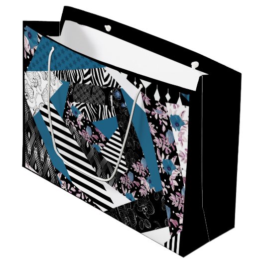 青いパッチワーク人気がある，パッチワーク，フォーク，素朴， ラージペーパーバッグ (正面アングル)