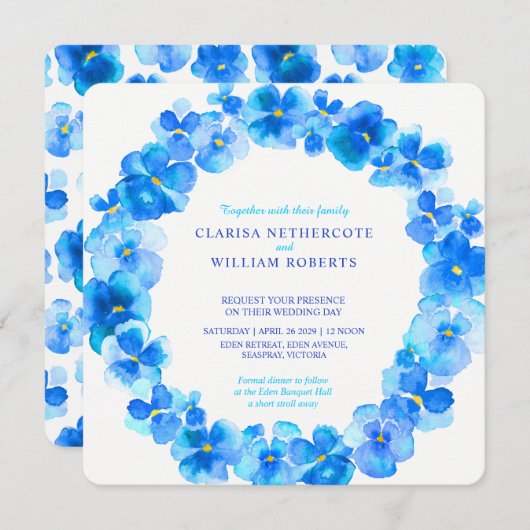 青いパンジーの水彩画の花の結婚式招待状 招待状 (正面/裏面)