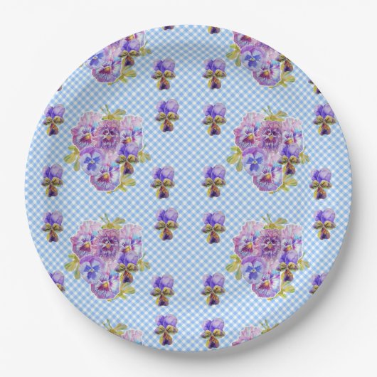 青いパンジーの花柄のパーティープレート ペーパープレート (正面)