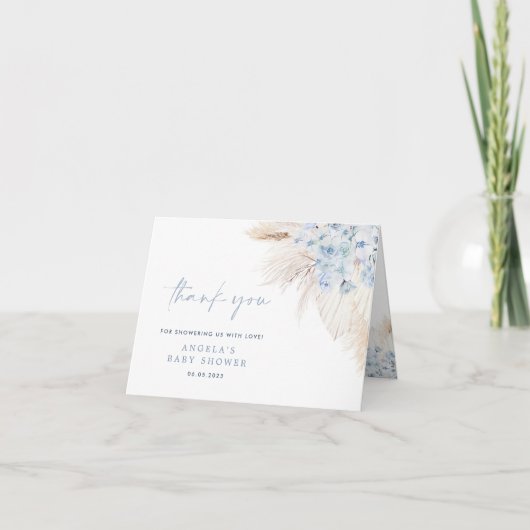 青いパンパスグラス男の子ベビーシャワー感謝カード サンキューカード (正面)
