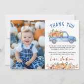 青いパンプキントラックの誕生日写真ありがとうカード サンキューカード (正面)