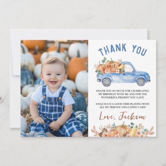 青いパンプキントラックの誕生日写真ありがとうカード サンキューカード (正面)