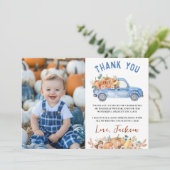 青いパンプキントラックの誕生日写真ありがとうカード サンキューカード (スタンド正面)