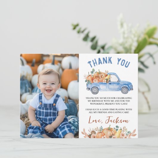 青いパンプキントラックの誕生日写真ありがとうカード サンキューカード (スタンド正面)