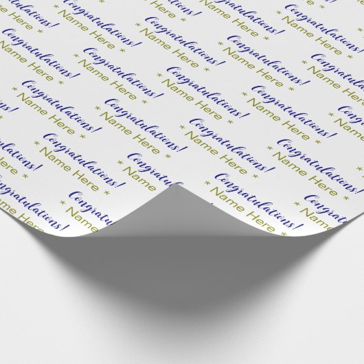 青いパーソナライズされたおめでとう金ゴールド名、白 ラッピングペーパー (角)