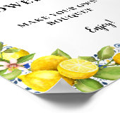 青いパーソナライズされたタイルにレモン花のバーサイン ポスター (角)