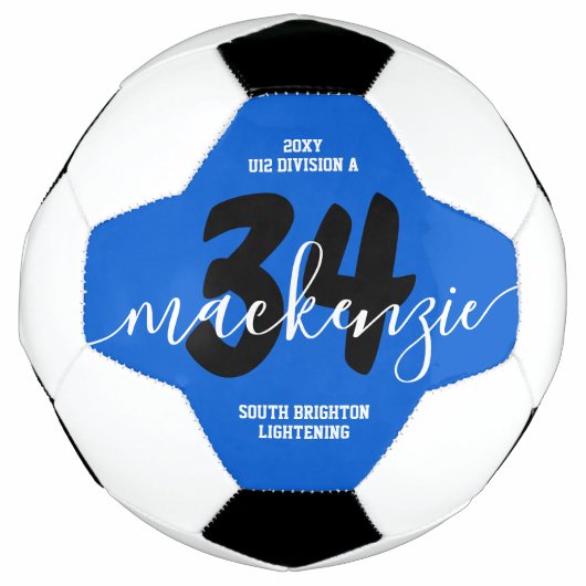 青いパーソナライズされたチームカラー名ジャージー番号 サッカーボール (正面)
