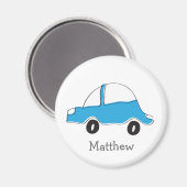 青いパーソナライズされたドードル車のベビーギフト マグネット (正面/裏面)