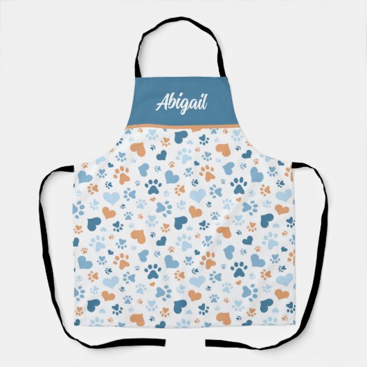 青いパーソナライズされたハートとポープリントエプロン エプロン (正面)