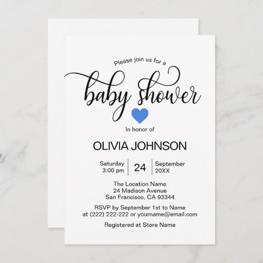 青いパーソナライズされたハート白い男の子のベビーシャワー 招待状 (正面/裏面)