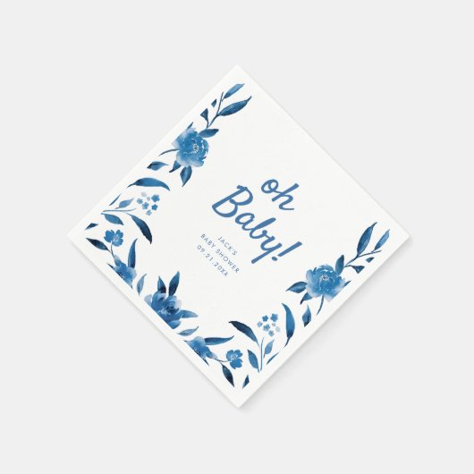 青いパーソナライズされたフローラ スタンダードカクテルナプキン (角)