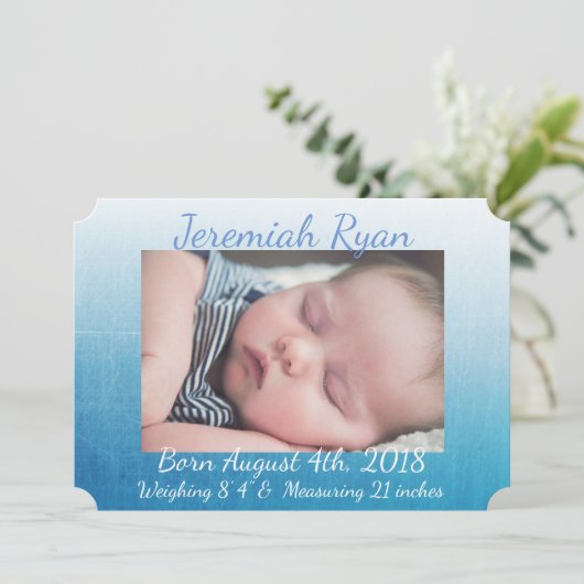 青いパーソナライズされたベビー写真の誕生のお知らせ 案内状 (スタンド正面)