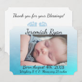 青いパーソナライズされたベビー写真の誕生のお知らせ 案内状 (正面/裏面)