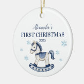青いパーソナライズされたロッキングホース初めてのクリスマス セラミックオーナメント (左)