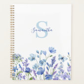 青いパーソナライズされたワイルドフラワーの水彩フローラ プランナー手帳 (正面)