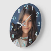 青いパーソナライズされた写真と名前 ラージ壁時計 (傾斜)