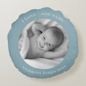 青いパーソナライズされた写真名（年） ラウンドクッション (裏面)