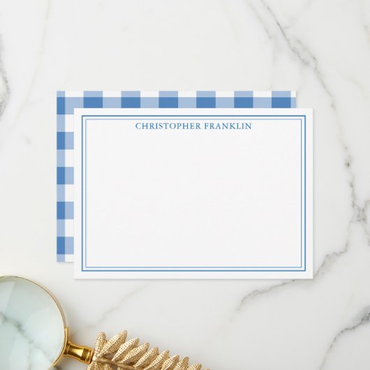 青いパーソナライズされた格子状新生児文具 サンキューカード (正面/裏面インサイチュ)