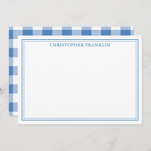 青いパーソナライズされた格子状新生児文具 サンキューカード (正面/裏面)