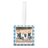 青いパーソナライズされた白い格子模様の写真クリスマス キューブオーナメント (正面)