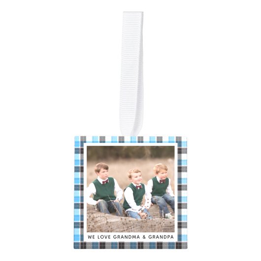 青いパーソナライズされた白い格子模様の写真クリスマス キューブオーナメント (正面)