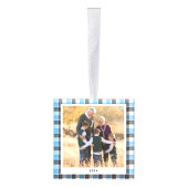 青いパーソナライズされた白い格子模様の写真クリスマス キューブオーナメント (右)