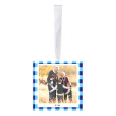 青いパーソナライズされた白の格子模様のクリスマスフォト キューブオーナメント (右)