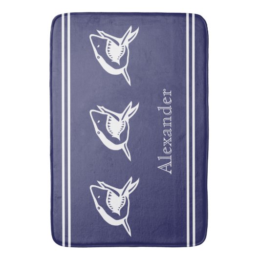 青いパーソナライズされた背景に白いサメ バスマット (正面縦)