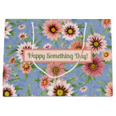 青いパーソナライズされた花の上にピンクのデイジー ラージペーパーバッグ (正面)