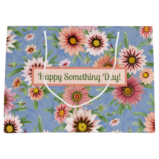 青いパーソナライズされた花の上にピンクのデイジー ラージペーパーバッグ (正面)