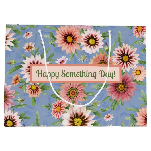 青いパーソナライズされた花の上にピンクのデイジー ラージペーパーバッグ