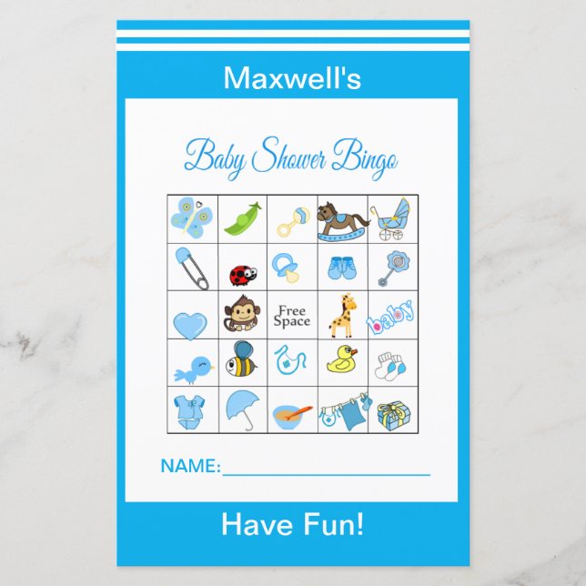 青いパーソナライズされた赤ちゃんシャワービンゴ (正面)