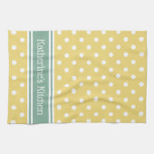 青いパーソナライズの黄色および白い水玉模様 キッチンタオル (横)