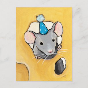 青いパーティーハットにマウス – Animal Art Postcard ポストカード